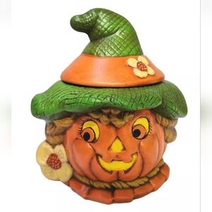 Vtg Halloween Jack O Lantern Candy Jar Bowl '85 Signed Pumpkin Scarecrow W Lid